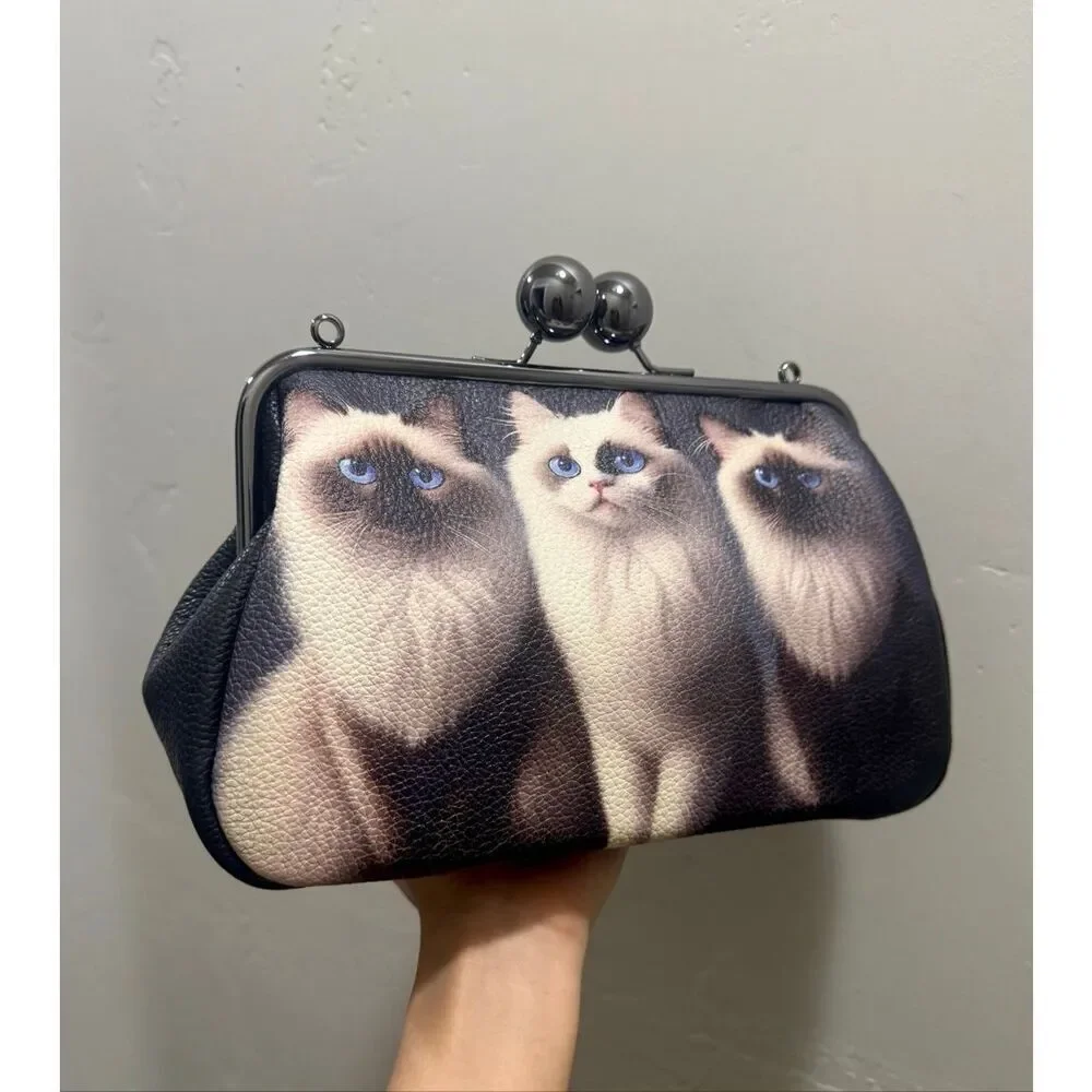 Unique Cats Print Pebble Cowhide Handmade Large Ball Kisslock Handbag, Multi Use
